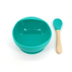 Set 2 piese diversificare bebelusi si copii din silicon Embo, bol cu ventuza, lingurita din lemn si silicon, pentru gustari, fara alergeni, verde