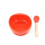 Set 2 piese diversificare bebelusi si copii din silicon Embo, bol cu ventuza, lingurita din lemn si silicon, pentru gustari, fara alergeni, rosu