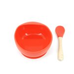 Set 2 piese diversificare bebelusi si copii din silicon Embo, bol cu ventuza, lingurita din lemn si silicon, pentru gustari, fara alergeni, rosu
