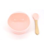 Set 2 piese diversificare bebelusi si copii din silicon Embo, bol cu ventuza, lingurita din lemn si silicon, pentru gustari, fara alergeni, roz