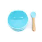 Set 2 piese diversificare bebelusi si copii din silicon Embo, bol cu ventuza, lingurita din lemn si silicon, pentru gustari, fara alergeni, albastru