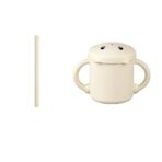 Set 2 Piese Hranire Bebelusi si Copii, Embo, Cana cu Capac si Pai, din Silicon, fara BPA, de la 12 Luni, Model Pisicuta, 12 x 9.5 x 11 cm, Bej