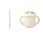 Set 2 Piese Hranire Bebelusi si Copii, Embo, Cana cu Capac si Pai, din Silicon, fara BPA, de la 12 Luni, Model Pisicuta, 12 x 9.5 x 11 cm, Bej