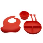 Set 5 piese diversificare bebelusi si copii din silicon Embo, baveta, farfurie compartimentata cu ventuza, bol cu ventuza, tacamuri, fara alergeni, rosu