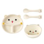 Set 4 Piese Hranire Bebelusi si Copii, Embo, din Silicon, fara BPA, de la 12 Luni, Model Pisicuta, 28 x 26 x 2 cm, Bej
