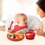Set 5 piese diversificare bebelusi si copii din silicon Embo, baveta, farfurie compartimentata cu ventuza, bol cu ventuza, tacamuri, fara alergeni, rosu - imagine 2