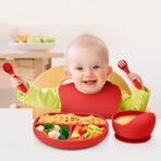 Set 5 piese diversificare bebelusi si copii din silicon Embo, baveta, farfurie compartimentata cu ventuza, bol cu ventuza, tacamuri, fara alergeni, rosu - imagine 4