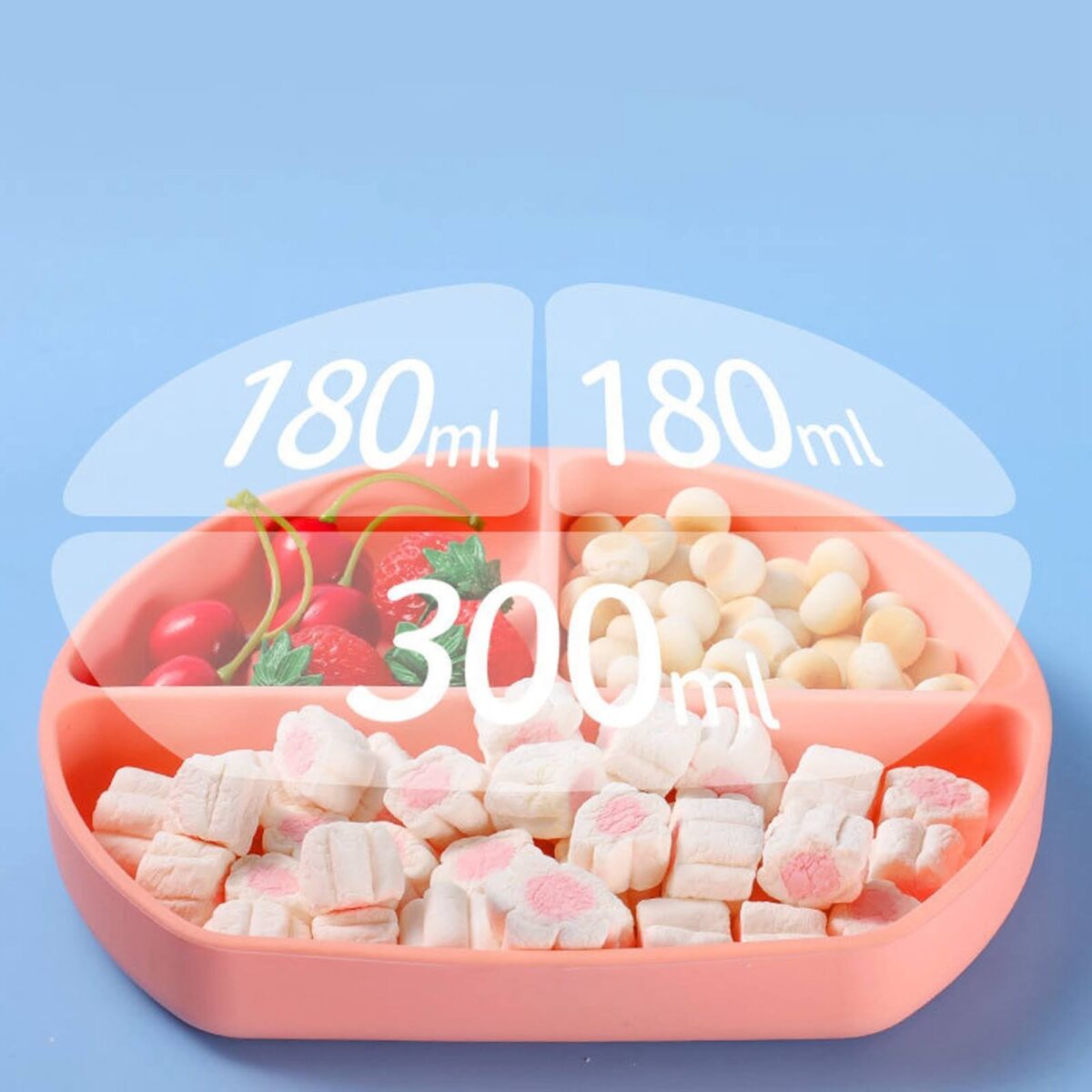 Set 5 piese diversificare bebelusi si copii din silicon Embo, baveta, farfurie compartimentata cu ventuza, bol cu ventuza, tacamuri, fara alergeni, roz - imagine 4