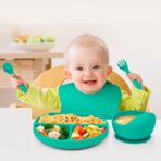 Set 5 piese diversificare bebelusi si copii din silicon Embo, baveta, farfurie compartimentata cu ventuza, bol cu ventuza, tacamuri, fara alergeni, verde - imagine 4