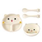 Set 5 Piese Hranire Bebelusi si Copii, Embo, din Silicon, fara BPA, de la 12 Luni, Model Pisicuta, 28 x 26 x 2 cm, Bej - imagine 2
