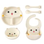 Set 5 Piese Hranire Bebelusi si Copii, Embo, din Silicon, fara BPA, de la 12 Luni, Model Pisicuta, 28 x 26 x 2 cm, Bej