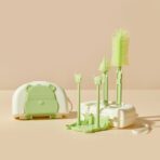 Set 7 Piese de Spalat/Uscat Biberoane, Embo, Portabil, Peri de Silicon, pentru Tetine, Suzete, Biberoane, Paie, Cutie Inclusa, 16 x 11 x 5 cm, Model Ursulet, Verde - imagine 3