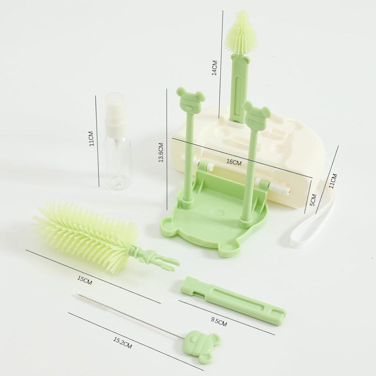 Set 7 Piese de Spalat/Uscat Biberoane, Embo, Portabil, Peri de Silicon, pentru Tetine, Suzete, Biberoane, Paie, Cutie Inclusa, 16 x 11 x 5 cm, Model Ursulet, Verde - imagine 4
