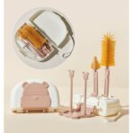 Set 7 Piese de Spalat/Uscat Biberoane, Embo, Portabil, Peri de Silicon, pentru Tetine, Suzete, Biberoane, Paie, Cutie Inclusa, 16 x 11 x 5 cm, Model Ursulet, Maro - imagine 4