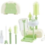 Set 7 Piese de Spalat/Uscat Biberoane, Embo, Portabil, Peri de Silicon, pentru Tetine, Suzete, Biberoane, Paie, Cutie Inclusa, 16 x 11 x 5 cm, Model Ursulet, Verde