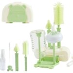 Set 7 Piese de Spalat/Uscat Biberoane, Embo, Portabil, Peri de Silicon, pentru Tetine, Suzete, Biberoane, Paie, Cutie Inclusa, 16 x 11 x 5 cm, Model Ursulet, Verde