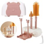 Set 7 Piese de Spalat/Uscat Biberoane, Embo, Portabil, Peri de Silicon, pentru Tetine, Suzete, Biberoane, Paie, Cutie Inclusa, 16 x 11 x 5 cm, Model Ursulet, Maro
