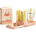 Set 7 Piese de Spalat/Uscat Biberoane, Embo, Portabil, Peri de Silicon, pentru Tetine, Suzete, Biberoane, Paie, Cutie Inclusa, 16.8 x 12 x 5 cm, Model Porcusor, Roz