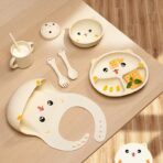 Set 7 Piese Hranire Bebelusi si Copii, Embo, din Silicon, fara BPA, de la 12 Luni, Model Pisicuta, 30 x 25 x 6 cm, Bej - imagine 6
