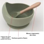 Set 8 piese diversificare bebelusi si copii din silicon Embo, baveta, farfurie compartimentata cu ventuza, bol cu ventuza, tacamuri din lemn si silicon, cana pentru gustari, fara alergeni, verde inchis - imagine 2