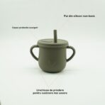 Set 8 piese diversificare bebelusi si copii din silicon Embo, baveta, farfurie compartimentata cu ventuza, bol cu ventuza, tacamuri din lemn si silicon, cana pentru gustari, fara alergeni, verde inchis - imagine 6