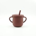 Set 8 piese diversificare bebelusi si copii din silicon Embo, baveta, farfurie compartimentata cu ventuza, bol cu ventuza, tacamuri din lemn si silicon, cana pentru gustari, fara alergeni, maro - imagine 4