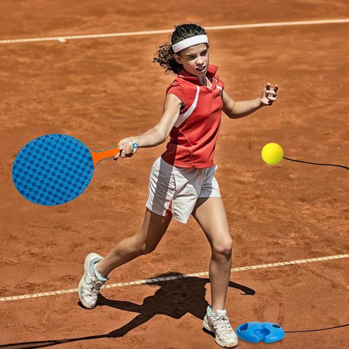 Set Badminton pentru Copii, Embo, Doua Palete, Fluturas, 2 Mingi, Minge cu Elastic pentru Antrenament, Suport de Prindere Stabil, 41x23 cm, Albastru Portocaliu - imagine 3