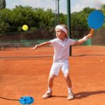 Set Badminton pentru Copii, Embo, Doua Palete, Fluturas, 2 Mingi, Minge cu Elastic pentru Antrenament, Suport de Prindere Stabil, 41x23 cm, Albastru Portocaliu - imagine 4