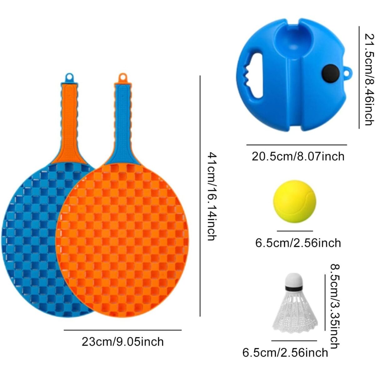 Set Badminton pentru Copii, Embo, Doua Palete, Fluturas, 2 Mingi, Minge cu Elastic pentru Antrenament, Suport de Prindere Stabil, 41x23 cm, Albastru Portocaliu - imagine 5