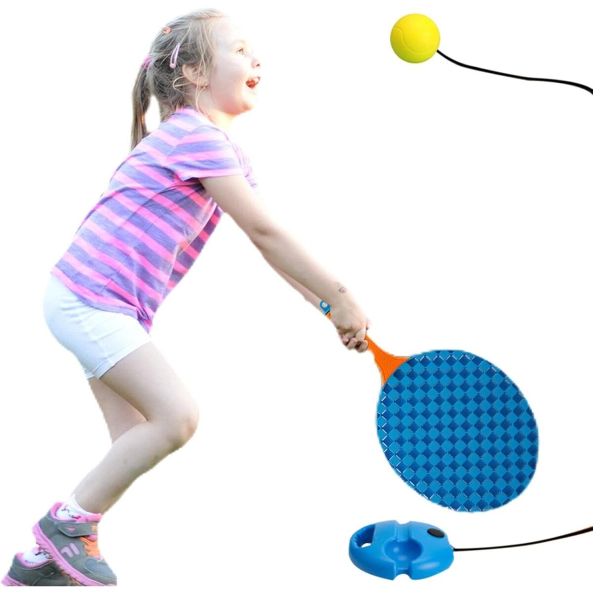 Set Badminton pentru Copii, Embo, Doua Palete, Fluturas, 2 Mingi, Minge cu Elastic pentru Antrenament, Suport de Prindere Stabil, 41x23 cm, Albastru Portocaliu - imagine 7