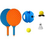 Set Badminton pentru Copii, Embo, Doua Palete, Fluturas, 2 Mingi, Minge cu Elastic pentru Antrenament, Suport de Prindere Stabil, 41x23 cm, Albastru Portocaliu