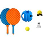 Set Badminton pentru Copii, Embo, Doua Palete, Fluturas, 2 Mingi, Minge cu Elastic pentru Antrenament, Suport de Prindere Stabil, 41x23 cm, Albastru Portocaliu