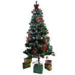 Set brad artificial de Craciun si elemente decorative, Decorat cu conuri de pin, pentru interior/exterior, inaltime 210 cm, diametru 114 cm, 1057 ramuri, Embo, verde, suport metalic inclus
