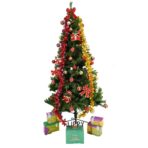Set brad artificial de Craciun si elemente decorative, Decorat cu conuri de pin, pentru interior/exterior, inaltime 210 cm, diametru 114 cm, 1057 ramuri, Embo, verde, suport metalic inclus