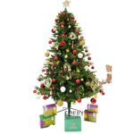Set brad artificial de Craciun si elemente decorative, decorat cu conuri pin rosii, inaltime 210 cm, diametru 137 cm, 1172 ramuri, Embo, verde, suport metalic inclus