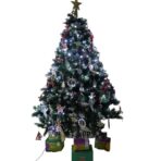 Set brad artificial de Craciun si elemente decorative, nins, decorat cu conuri pin, pentru perete/colt, inaltime 210 cm, diametru 149 cm, 1224 ramuri, Embo, verde, suport metalic inclus