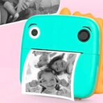 Set Camera Instantanee pentru Copii, Embo, Ecran HD 2.4'', 24MP, 1200 mAh, cu Functie de Printare Alb-Negru, cablu USB-C, Bluetooth, Compatibil iOS/Android, Model Dinozaur, Turcoaz - imagine 7