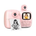 Set Camera Instantanee pentru Copii, Embo, Camera 180Â° Selfie, Ecran HD 2'', 24MP, 720P Video, 1200 mAh, cu Functie de Printare Alb-Negru, cablu USB-C, Bluetooth, Compatibil iOS/Android, Imprimare APP, Model Bunny, Roz