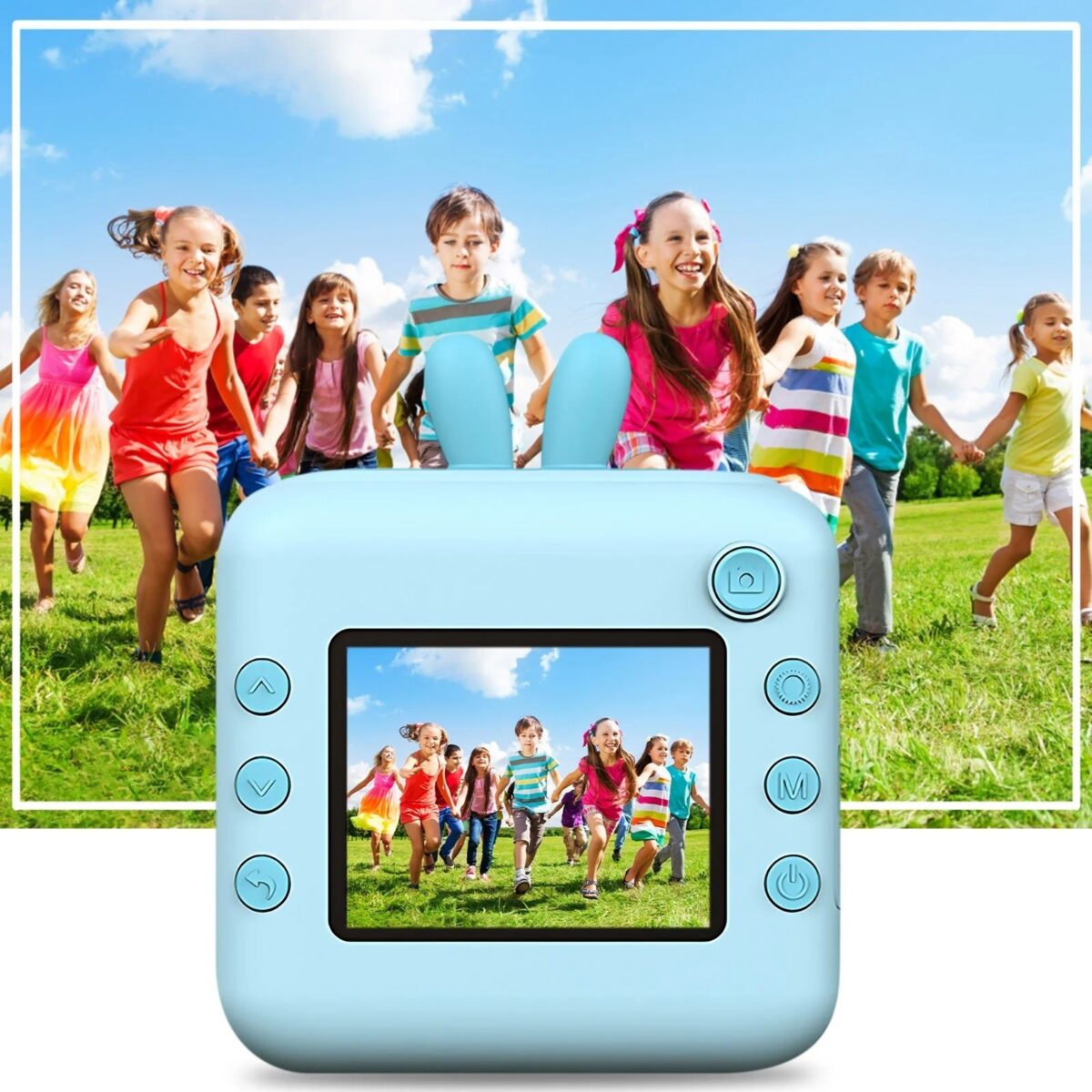 Set Camera Instantanee pentru Copii, Embo, Ecran HD 2.4'', 24MP, 720P Video, 1200 mAh, cu Functie de Printare Alb-Negru, cablu USB-C, Bluetooth, Compatibil iOS/Android, Imprimare APP, Model Iepure, Albastru - imagine 6