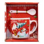 Set cana ceramica cu lingurita Embo, 200 ml, tematica Mos Craciun, rosu