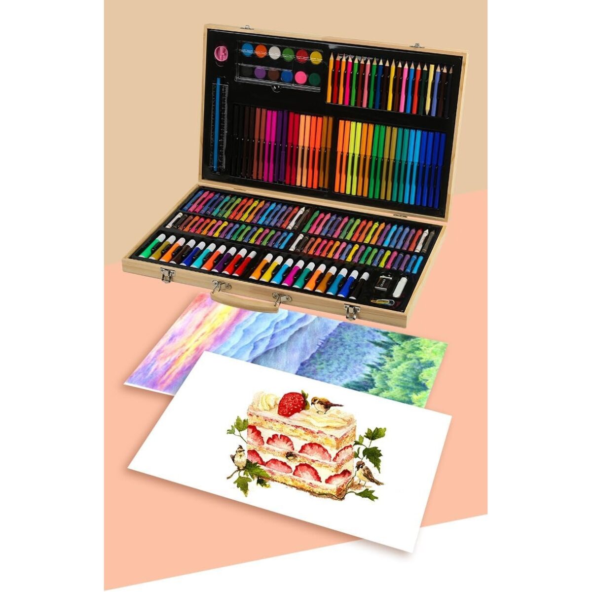 Set 180 Piese pentru Desen si Pictura, Embo, Tip Servieta din Lemn, Model Natur, 46 x 30.9 x 4.1 cm, Multicolor - imagine 8