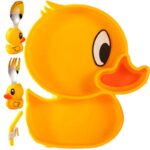 Set diversificare bebelusi Embo, din silicon, 20 x 17.5 cm, 1 farfurie compartimentata in forma de rata, lingurita si furculita, pai, perie pai, fara alergeni, ventuza fixare,  forma creativa,  galben