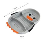 Set diversificare bebelusi Embo, din silicon, 23.5 x 12.5 cm, 1 farfurie compartimentata in forma de pinguin, lingurita si furculita, pai, perie pai, fara alergeni, ventuza fixare,  forma creativa,  gri - imagine 4