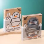 Set diversificare bebelusi Embo, din silicon, 23.5 x 12.5 cm, 1 farfurie compartimentata in forma de pinguin, lingurita si furculita, pai, perie pai, fara alergeni, ventuza fixare,  forma creativa,  gri - imagine 6