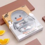 Set diversificare bebelusi Embo, din silicon, 23.5 x 12.5 cm, 1 farfurie compartimentata in forma de pinguin, lingurita si furculita, pai, perie pai, fara alergeni, ventuza fixare,  forma creativa,  gri - imagine 8