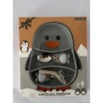 Set diversificare bebelusi Embo, din silicon, 23.5 x 12.5 cm, 1 farfurie compartimentata in forma de pinguin, lingurita si furculita, pai, perie pai, fara alergeni, ventuza fixare,  forma creativa,  gri - imagine 9