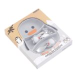 Set diversificare bebelusi Embo, din silicon, 23.5 x 12.5 cm, 1 farfurie compartimentata in forma de pinguin, lingurita si furculita, pai, perie pai, fara alergeni, ventuza fixare, forma creativa, gri