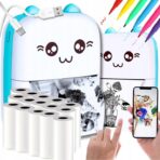 Set Mini Imprimanta Foto Portabila, Embo, Include: 1x Set de Markere, 5x Role de Hartie Termica, 5x Role Hartie Adeziva, Incarcare USB, Bluetooth, Print Alb-Negru, Model Ursulet, Alb/Albastru - imagine 6