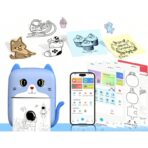 Set Mini Imprimanta Foto Portabila, Embo, Include: 1x Set de Markere, 5x Role de Hartie Termica, 5x Role Hartie Adeziva, Incarcare USB, Bluetooth, Print Alb-Negru, Model Pisicuta, Albastru - imagine 6