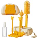 Set 7 Piese de Spalat/Uscat Biberoane, Embo, Portabil, Peri de Silicon, pentru Tetine, Suzete, Biberoane, Paie, Cutie Inclusa, 16 x 11 x 5 cm, Model Ursulet, Galben